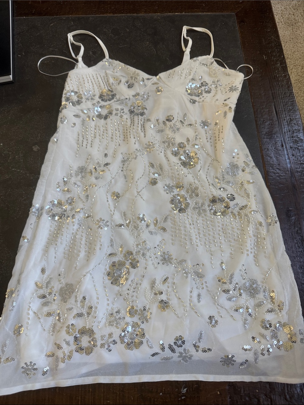 Women’s Ivory Sequin Floral Spaghetti-Strap Dress Medium NWT